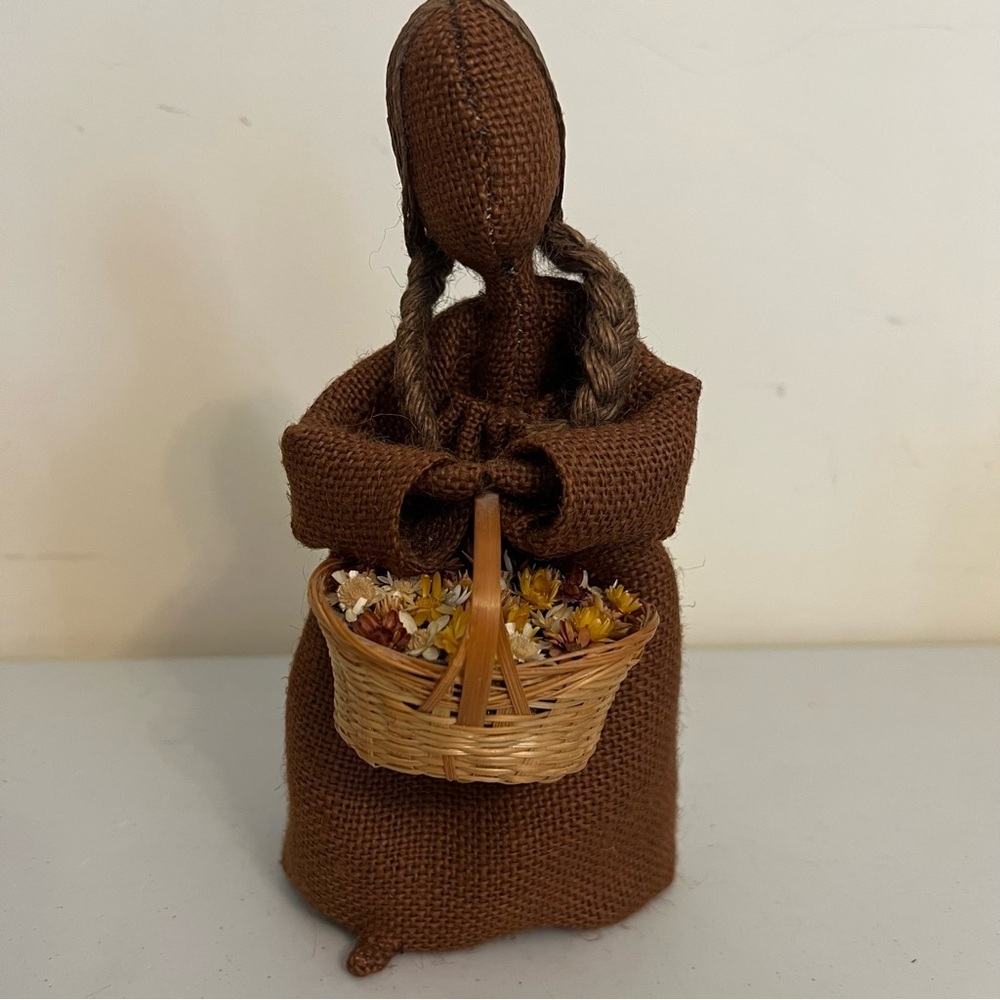 Vintage Handcrafted Brown Burlap Doll with Basket